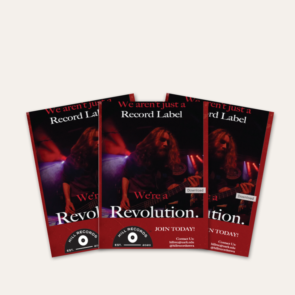 Three flyers for Hill Records featuring a musician with long hair playing an electric guitar on stage with red and purple lighting, promoting a revolution and encouraging joining today's music community.