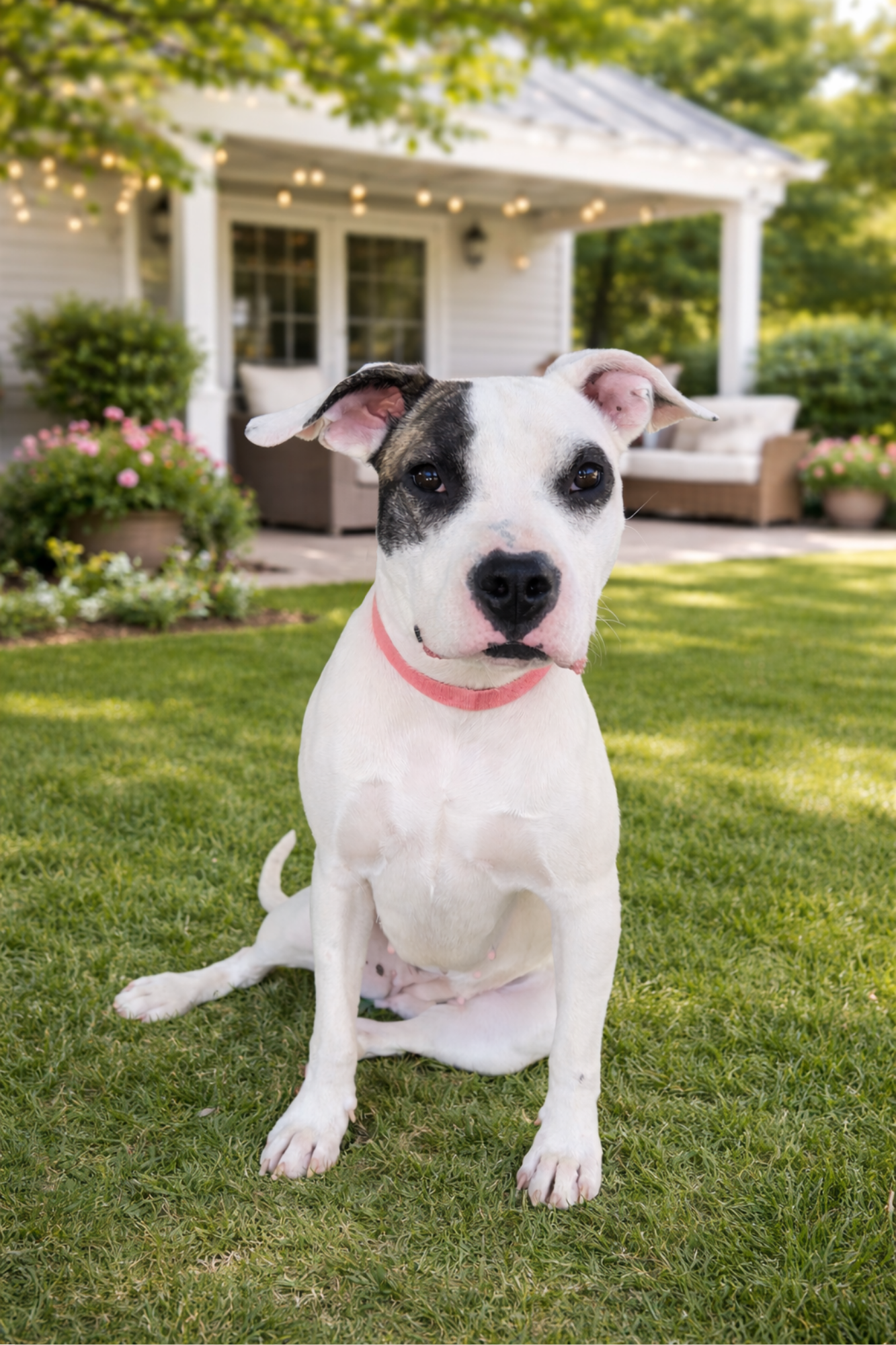 A white and black dog, possibly a pit bull mix, sitting on a well-manicured lawn in front of a porch with outdoor furniture and string lights, surrounded by plants and flowers.