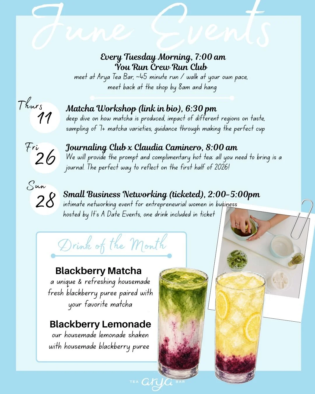 Everything you need to know about June!! Mark your calendars ☺️➡️🗓️

last video is run club getting samples of our new June drink ✨✨

~

Arya Tea Bar - Best Tea &amp; Matcha in Palm Beach County

Single Harvest Matcha. Looseleaf Teas. Fresh Fruit. C
