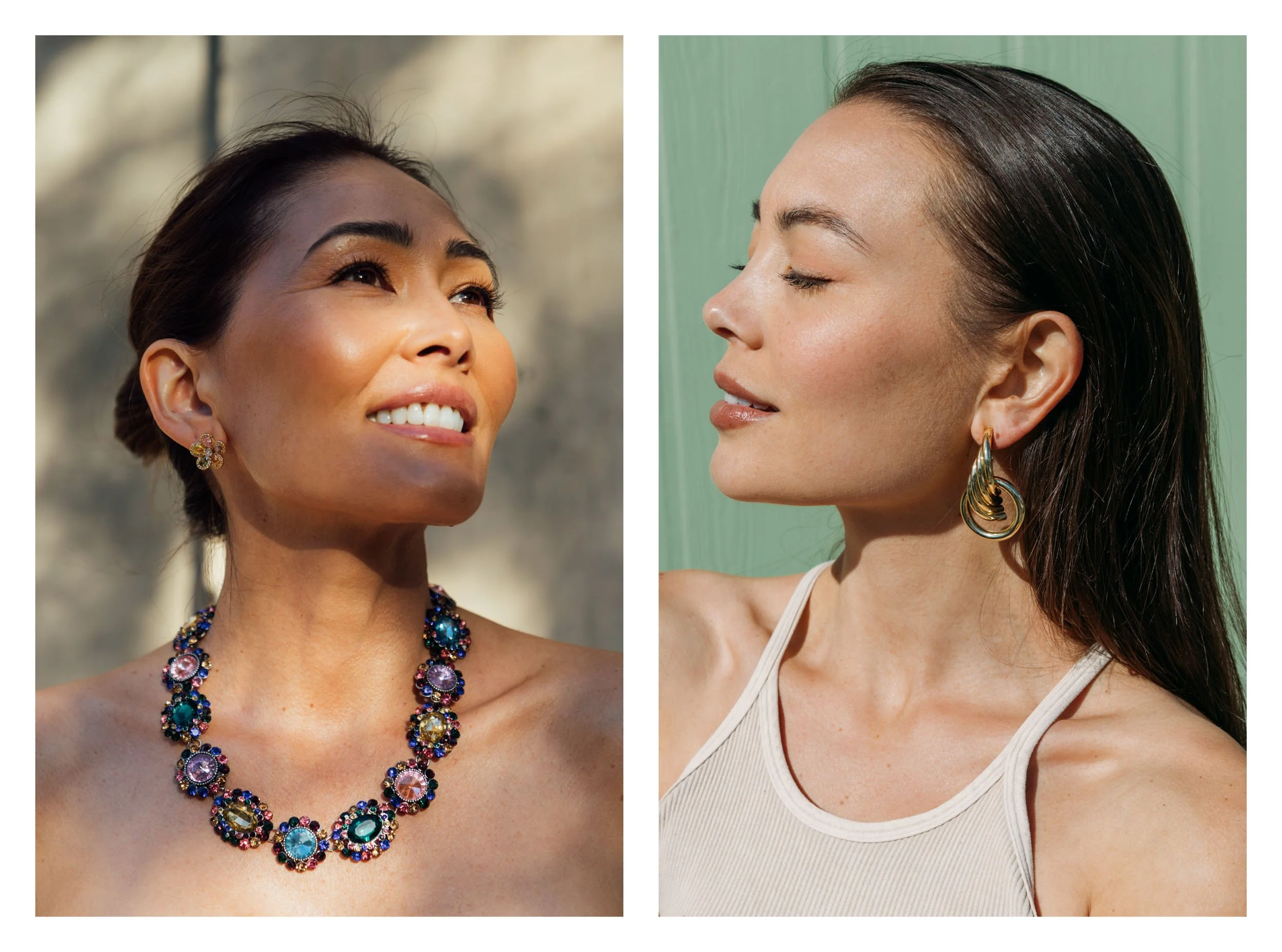 Side-by-side portraits of women wearing jewelry. The woman on the left has dark hair, a colorful gemstone necklace, and matching earrings, smiling and looking upward. The woman on the right has dark brown hair, gold hoop earrings with black swirls, and a light-colored sleeveless top, with closed eyes and a content expression.