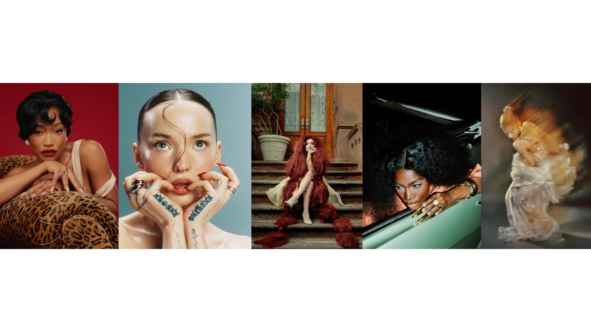Collage of five women with diverse hair styles and fashion, featuring accessories and expressive poses.