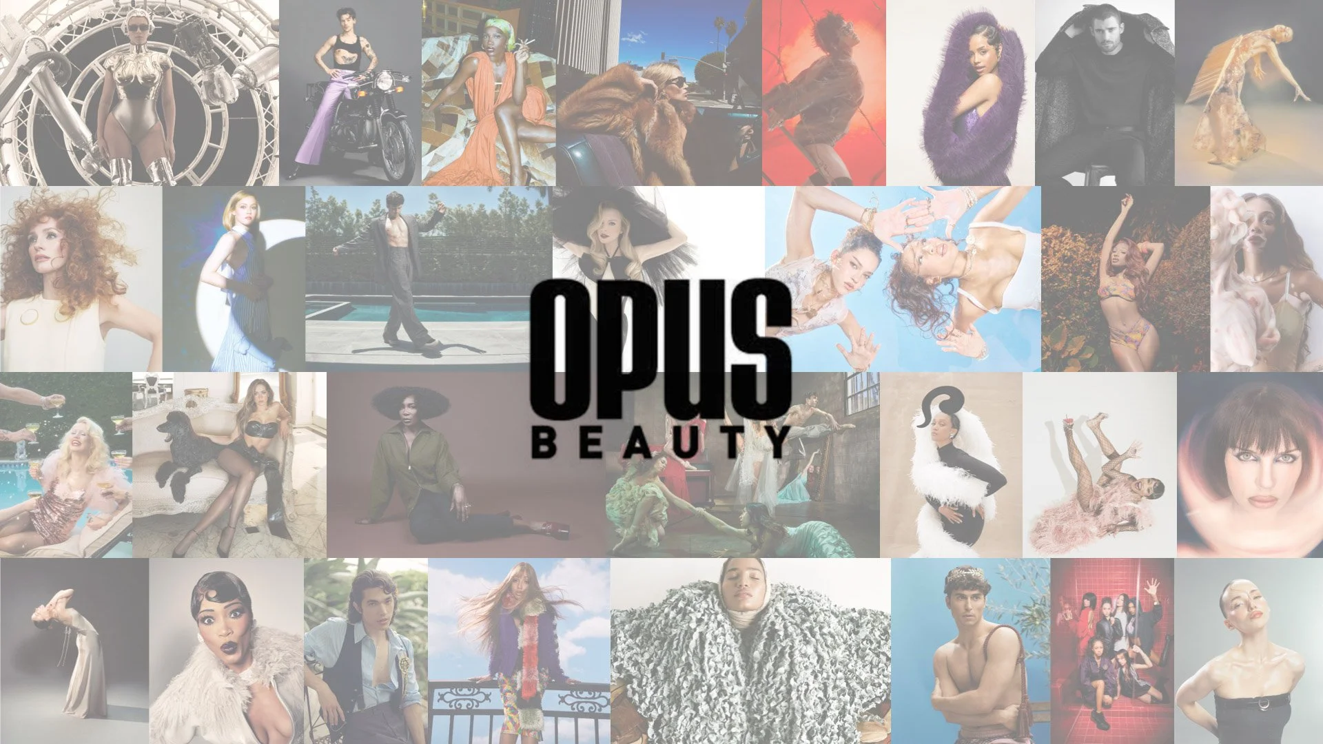 A collage of fashion and beauty photos featuring models, celebrities, and various styles, with the black OPUS Beauty logo in the center.