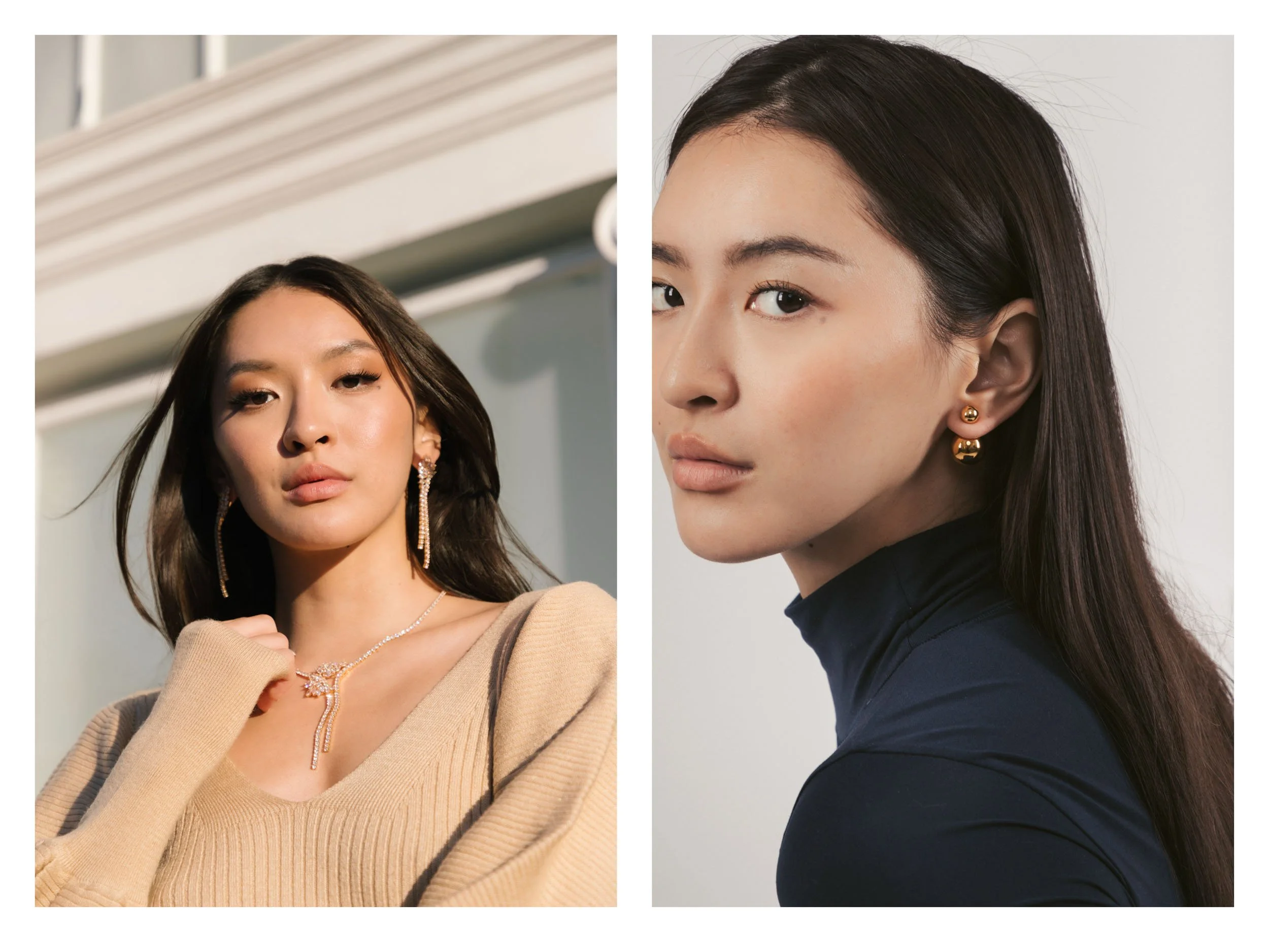 Side-by-side portrait photos of two women with dark hair and earrings. The woman on the left has wavy hair, wearing a beige top and jewelry, with an outdoor background. The woman on the right has straight hair, wearing a navy top and gold earrings, with a neutral background.