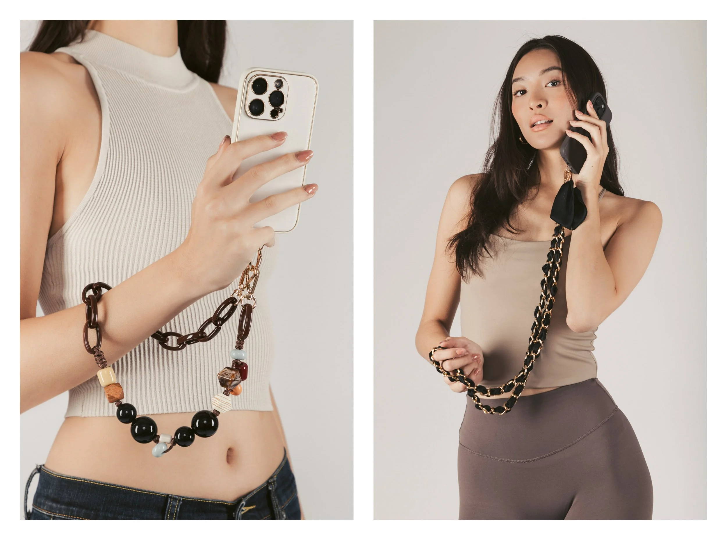Two women, one on the left wearing a sleeveless beige top and holding a smartphone with a chunky beaded necklace, and the other on the right wearing a strapless beige top, talking on a cordless phone with a black chain necklace.