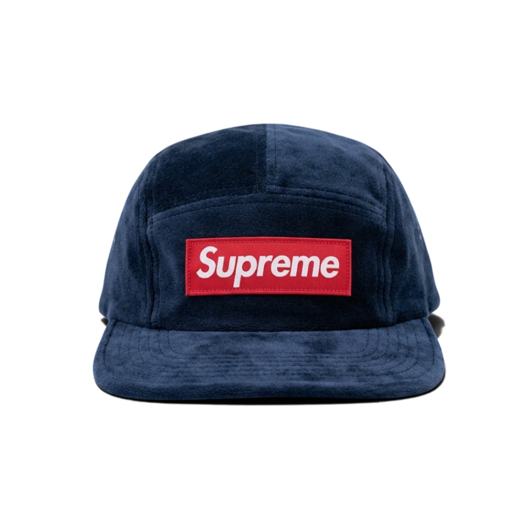 Supreme Navy Velvet Camp Cap – Red Box Logo 5-Panel Adjustable Hat