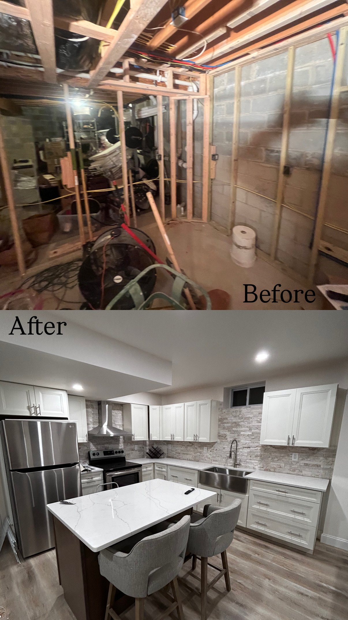 Comparison of a kitchen renovation showing a construction site labeled 'Before' and a finished, modern kitchen labeled 'After'.