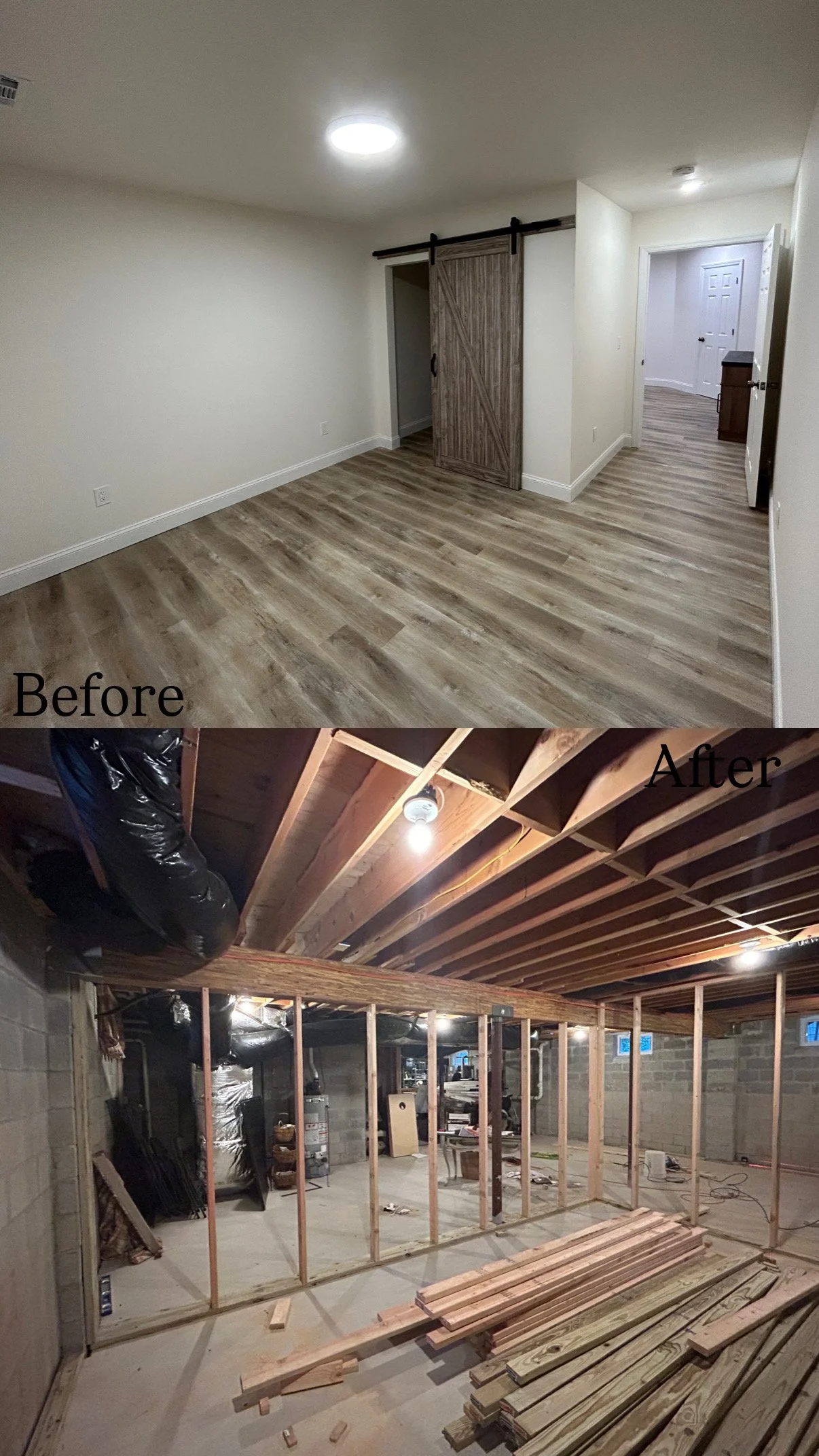 Comparison of a room before and after renovation; the 'before' image shows an empty, finished room with wood flooring and white walls, while the 'after' image shows an unfinished basement with exposed wooden beams and construction materials.