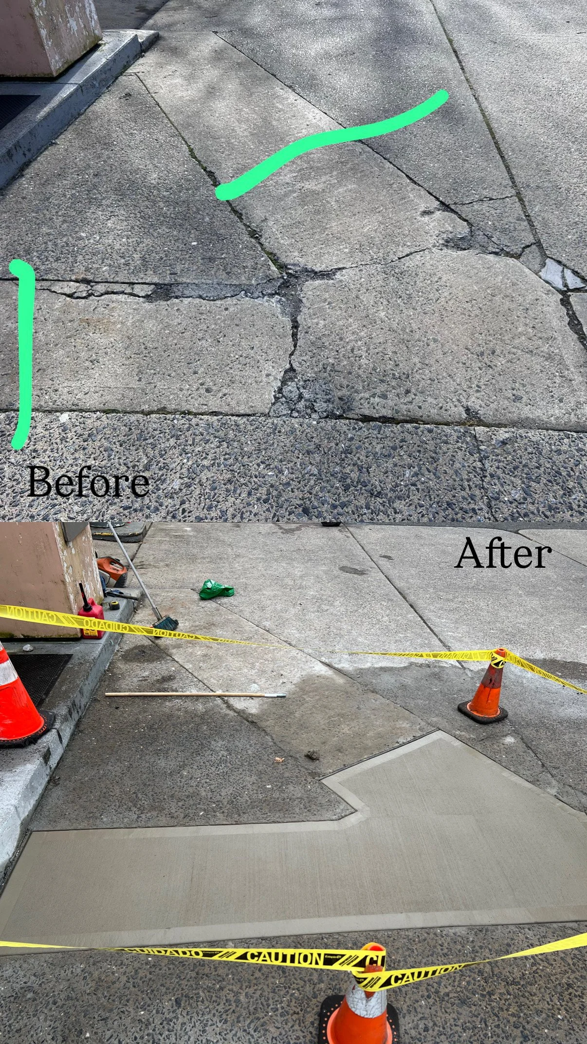 Comparison of sidewalk repair before and after work. The top image shows cracked and damaged concrete pavement. The bottom image shows the same area after repairs, including new concrete patchwork and caution tape, with cones to block off the area.