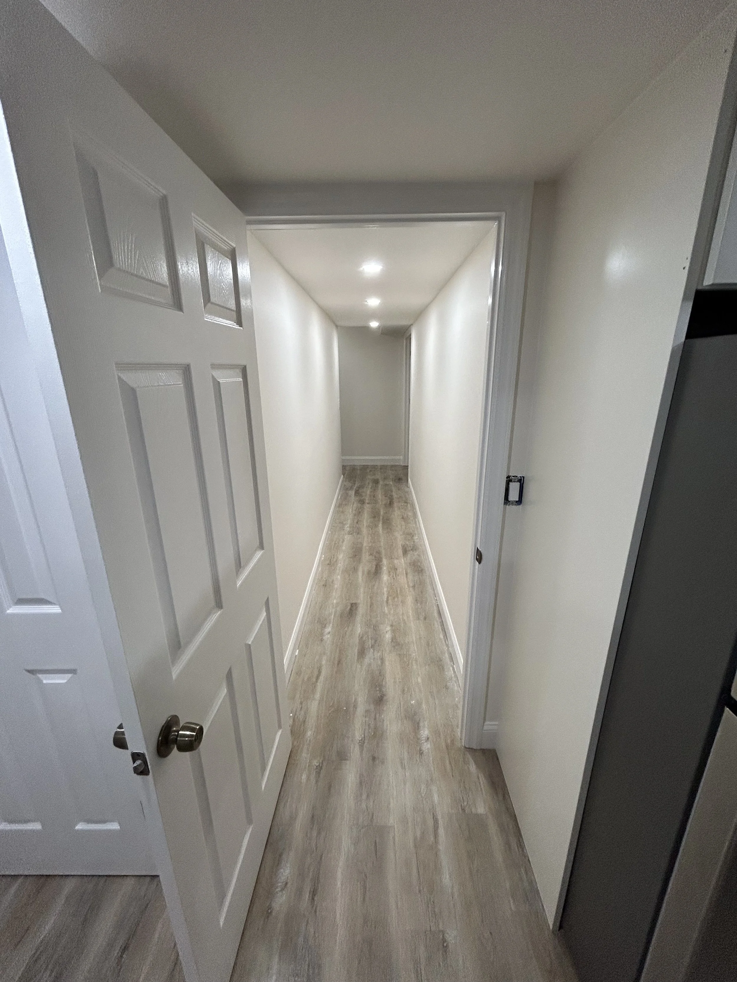 Empty hallway with white walls, ceiling lights, and wood-look flooring in a residential home.