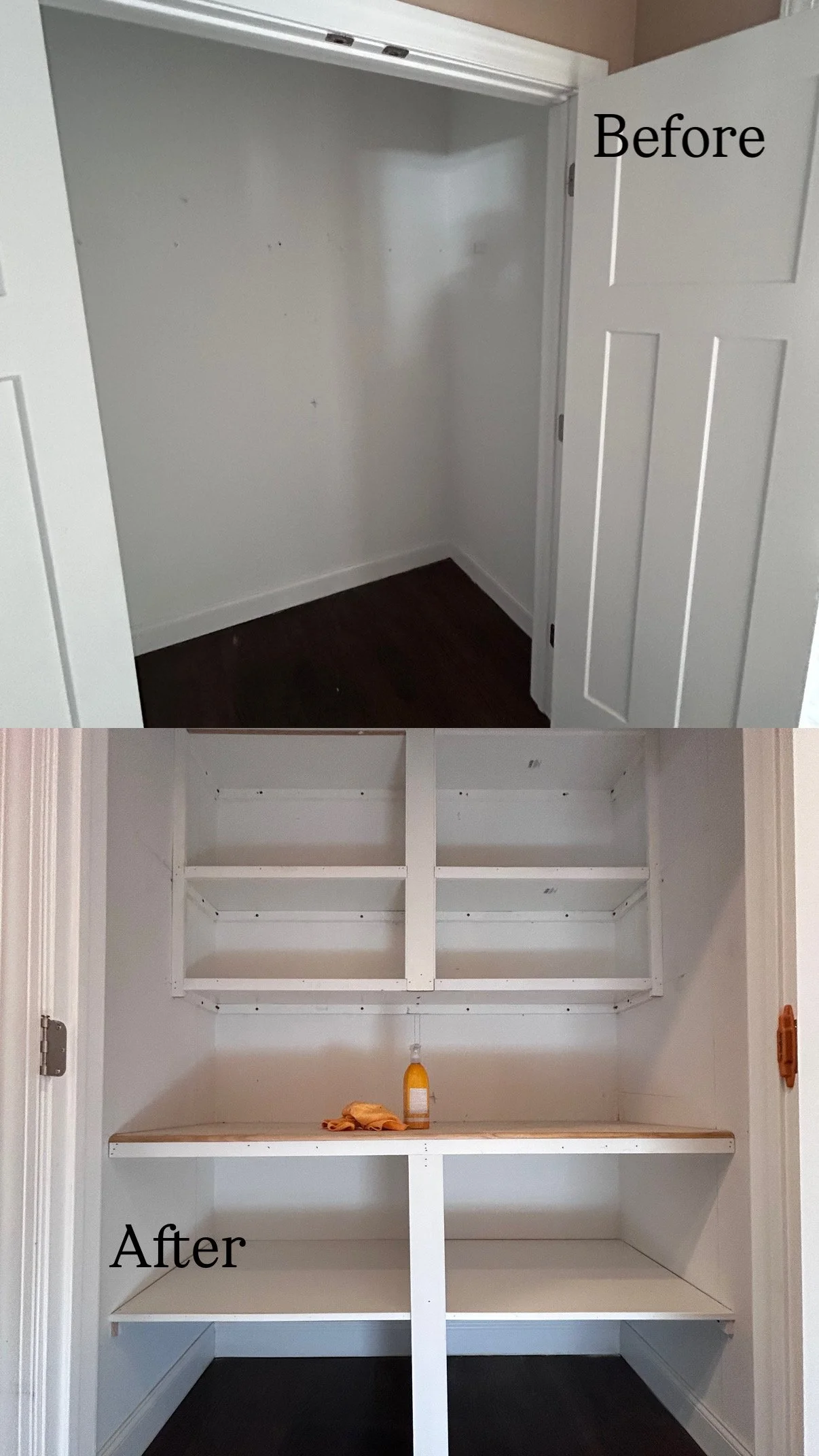 A before and after image of a closet. The before shows an empty closet with plain white walls and a dark floor. The after shows the same closet with built-in white shelves, a countertop, and additional storage compartments.