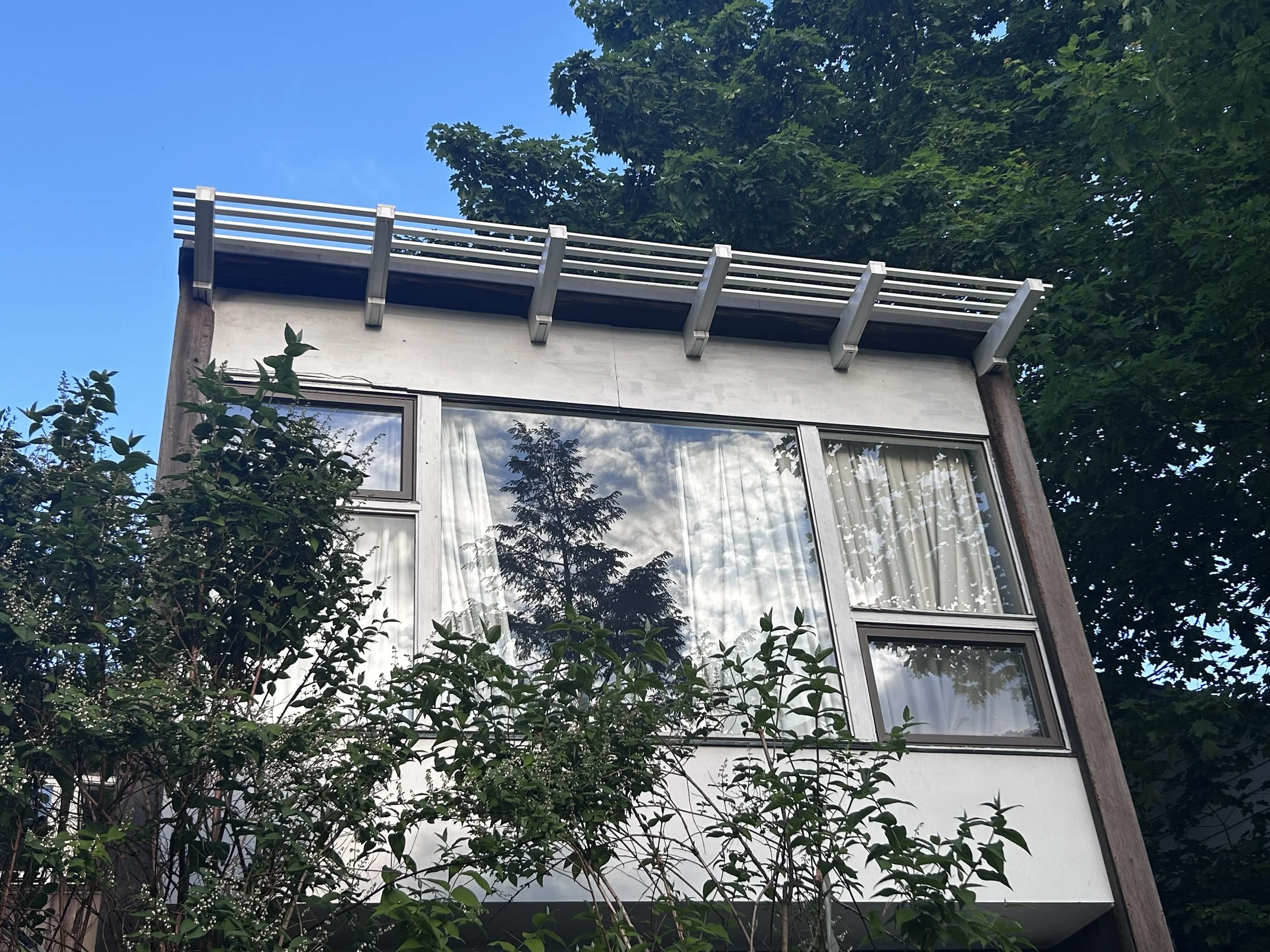A modern house with large glass windows, a white exterior, wooden accents, and a flat roof with a white railing. Green trees and shrubs surround the house, and the sky is partly cloudy with a blue hue.