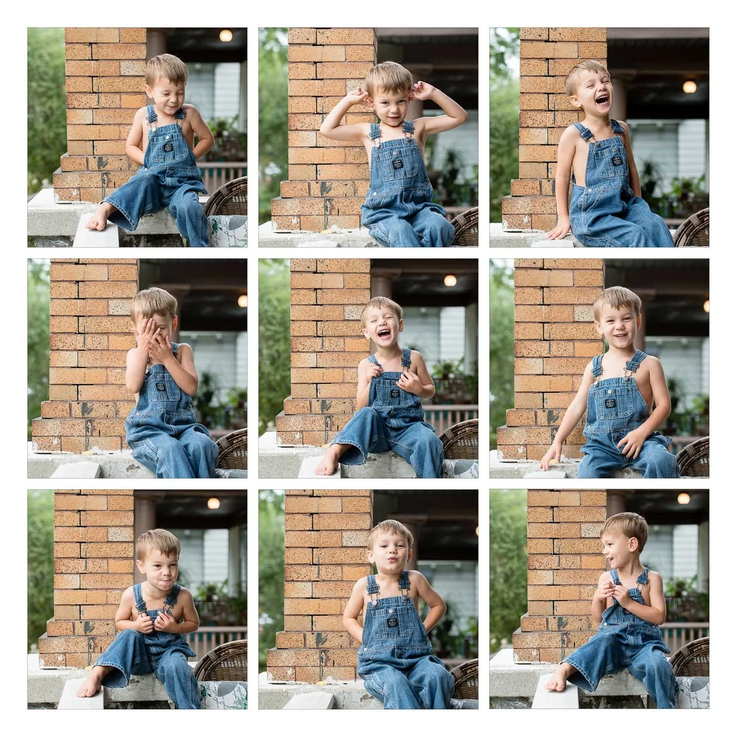 A collage of nine photos of a young boy in denim overalls and no shirt, posing and laughing on a porch with a brick wall.