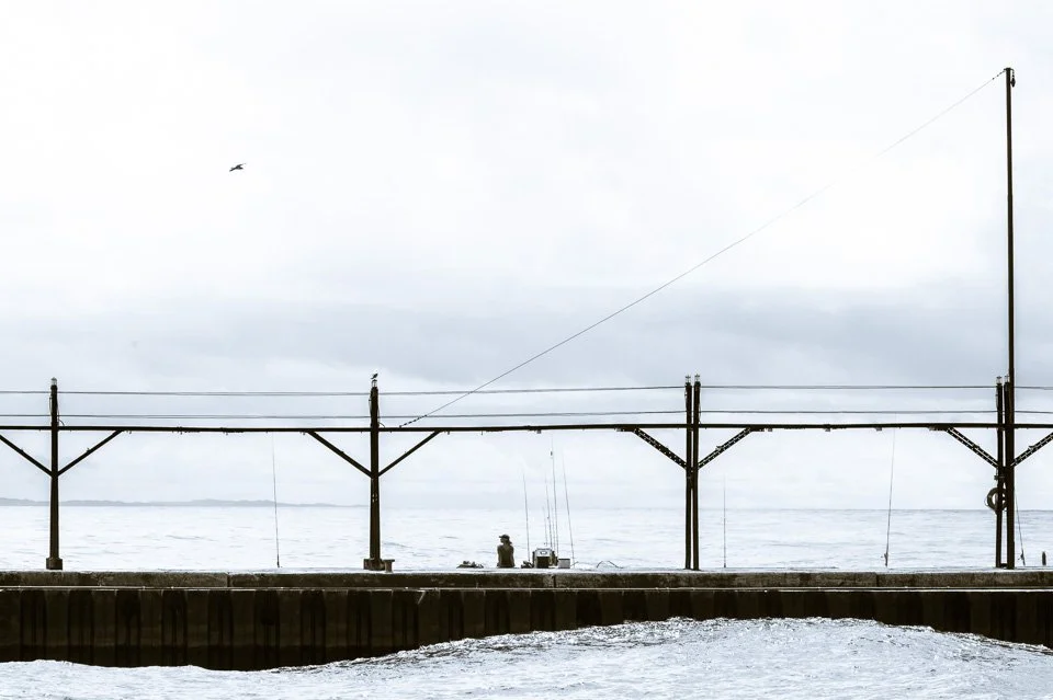 A person fishing on a pier by the water on a cloudy day, with a bird flying overhead.