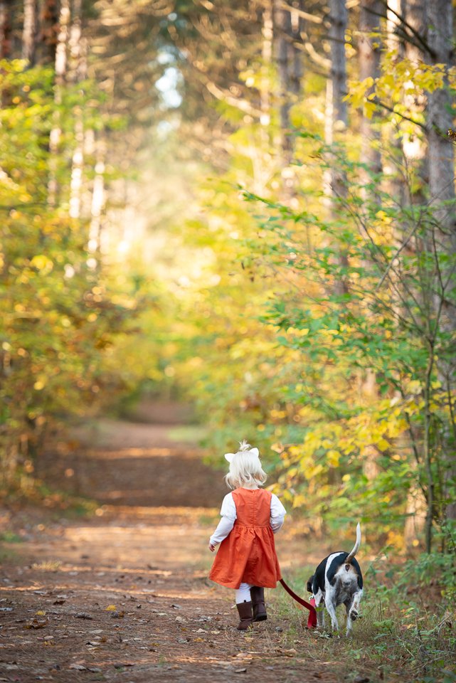 A young child with white hair and a dog walking down a forest trail surrounded by trees with yellow and green leaves.