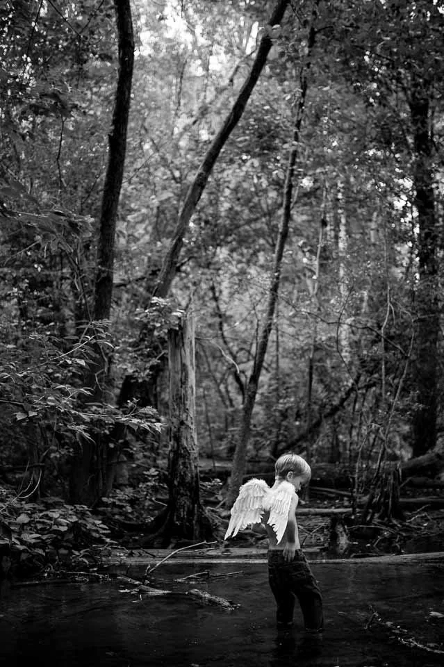A young boy with angel wings standing in a wooded stream in black and white.