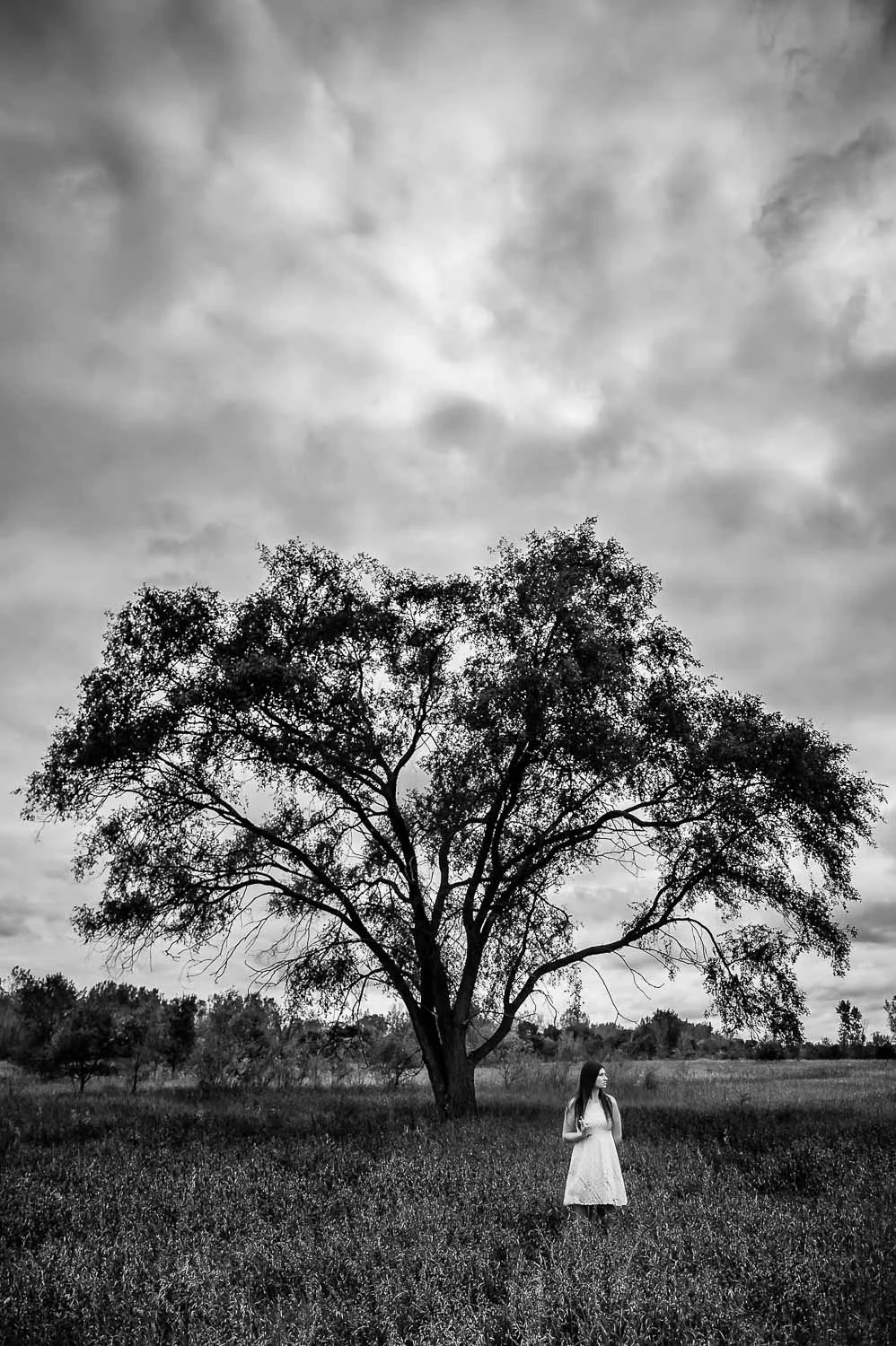A woman in a light-colored dress stands in a grassy field beneath a large tree, with a cloudy sky overhead.
