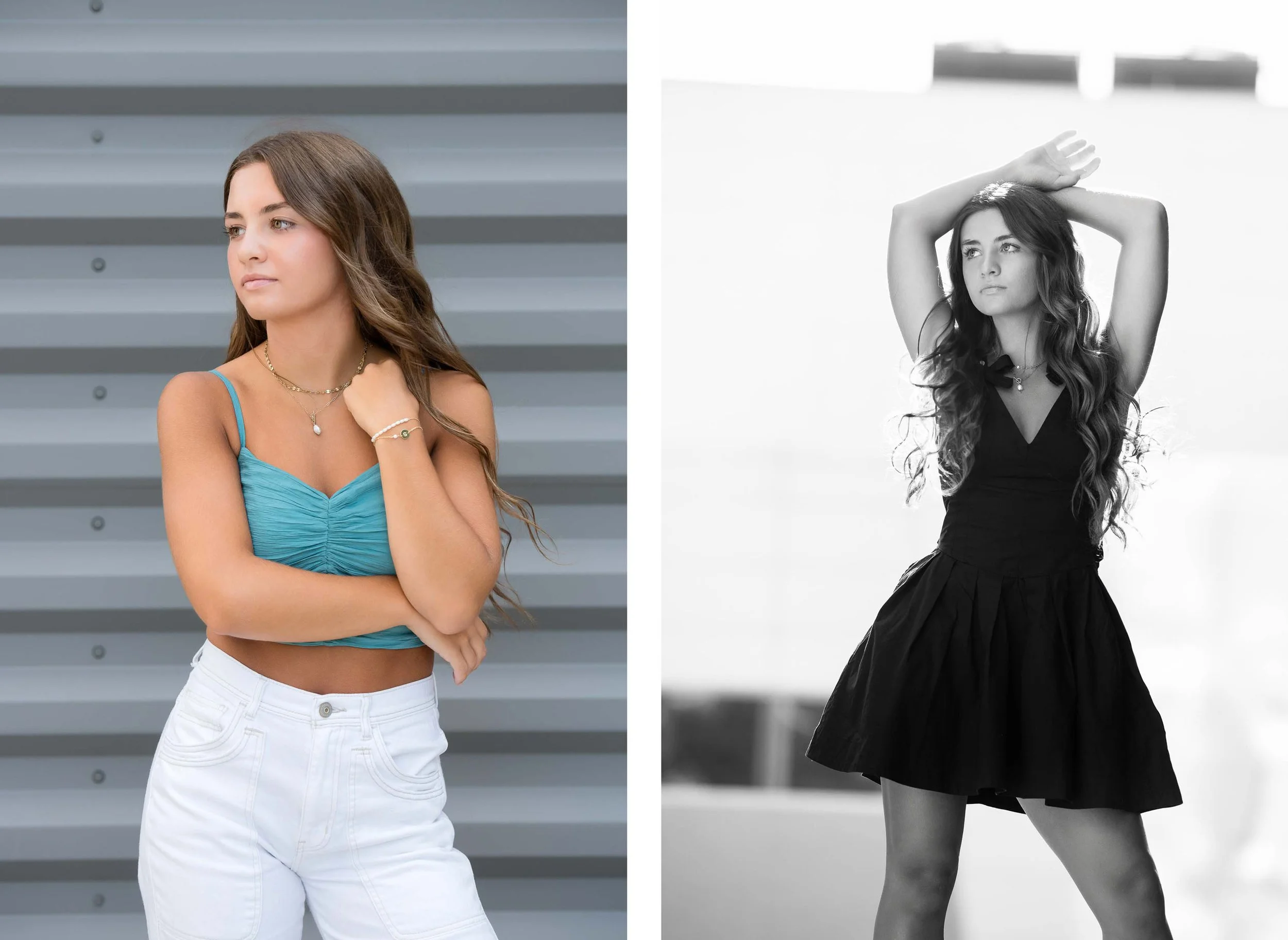 Grand Rapids senior portraits showing outfit variety — casual urban look and editorial black-and-white portrait