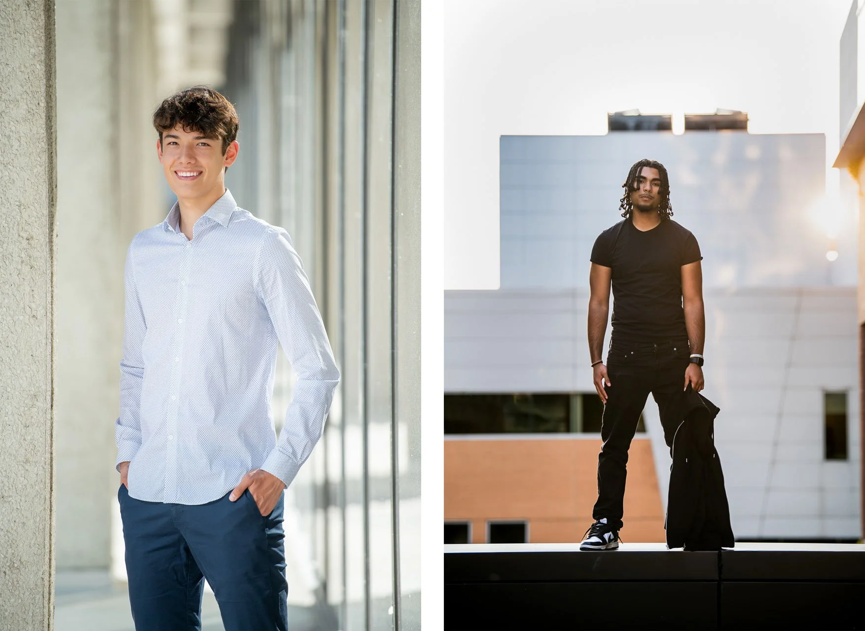Two senior guys photographed in downtown Grand Rapids — one in a button-down shirt against modern glass architecture, the other in all black on a rooftop with city buildings behind him