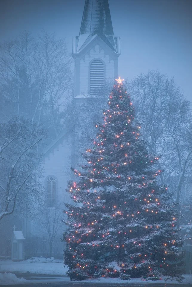 A decorated Christmas tree with lights is in front of a snowy church with a steeple, surrounded by bare trees, on a foggy winter day.