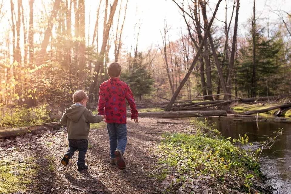 Two children, one older and one younger, walking hand in hand along a forest trail by a creek during daytime.