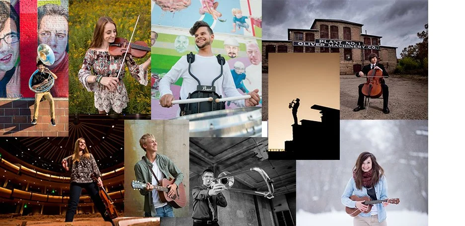Collage of high school senior portraits featuring musicians from West Michigan — including French horn, violin, drums, cello, guitar, trumpet, and ukulele — photographed by Glerum Photography in Grand Rapids, MI