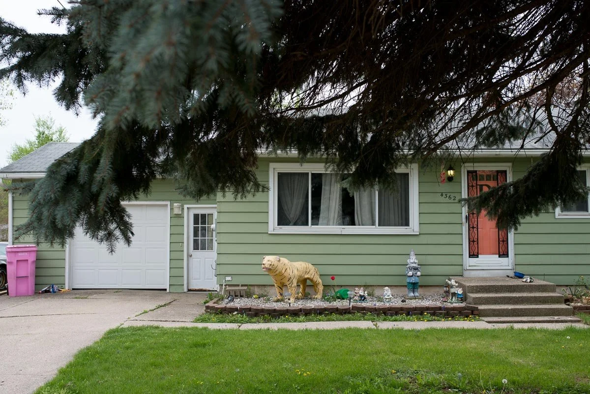 Front yard of a green house with a pink door, decorated with a tiger lawn ornament, small gnome statues, and Christmas decorations. Orange door with black security bars, pine tree branches hanging overhead.