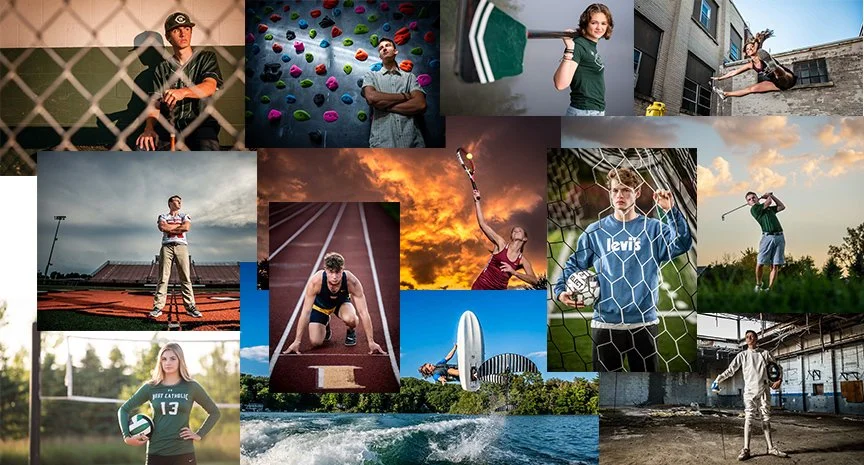 Collage of high school senior portraits featuring athletes from West Michigan — including baseball, tennis, softball, dance, golf, volleyball, rock climbing, wakeboarding, lacrosse, and fencing — photographed by Glerum Photography in Grand Rapids, MI