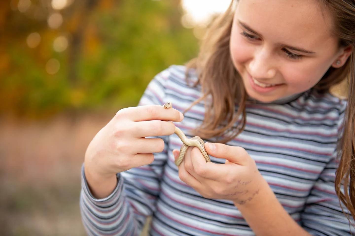 A young girl with long brown hair holding and examining a small snake outdoors with autumn-colored trees in the background.