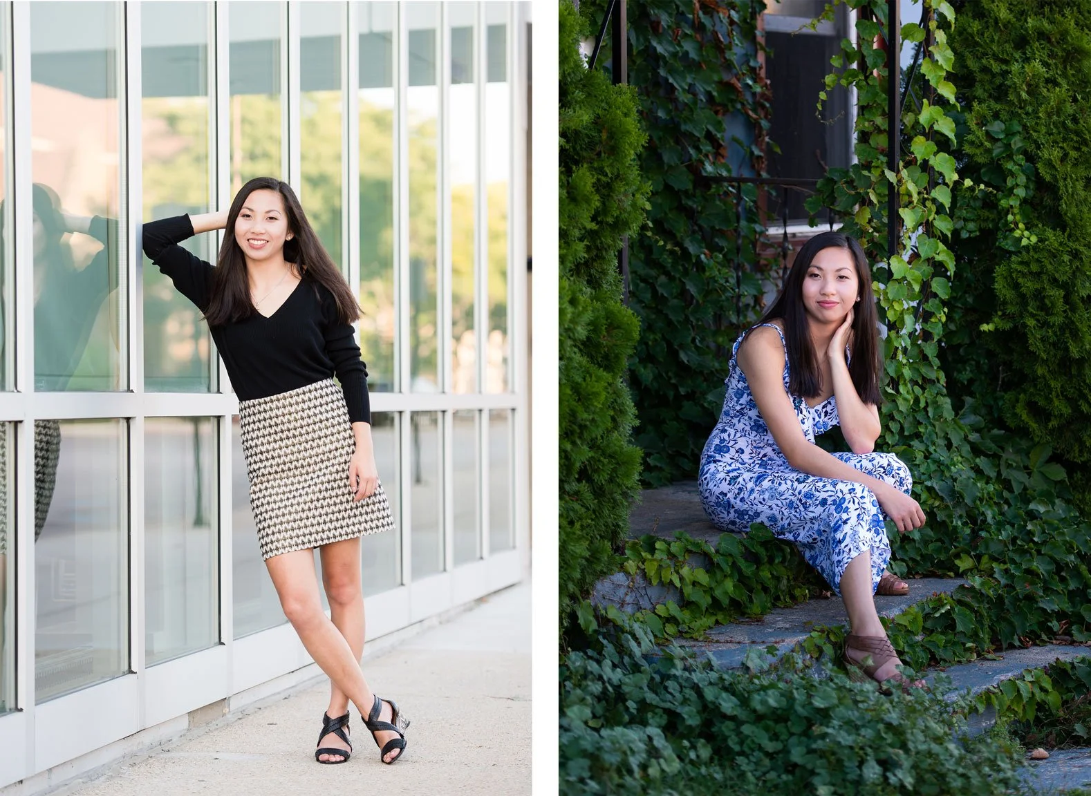 Two senior portrait photos of the same young woman in downtown Muskegon — wearing a black sweater and patterned skirt against modern architecture, and a blue floral dress seated on stone steps surrounded by ivy.