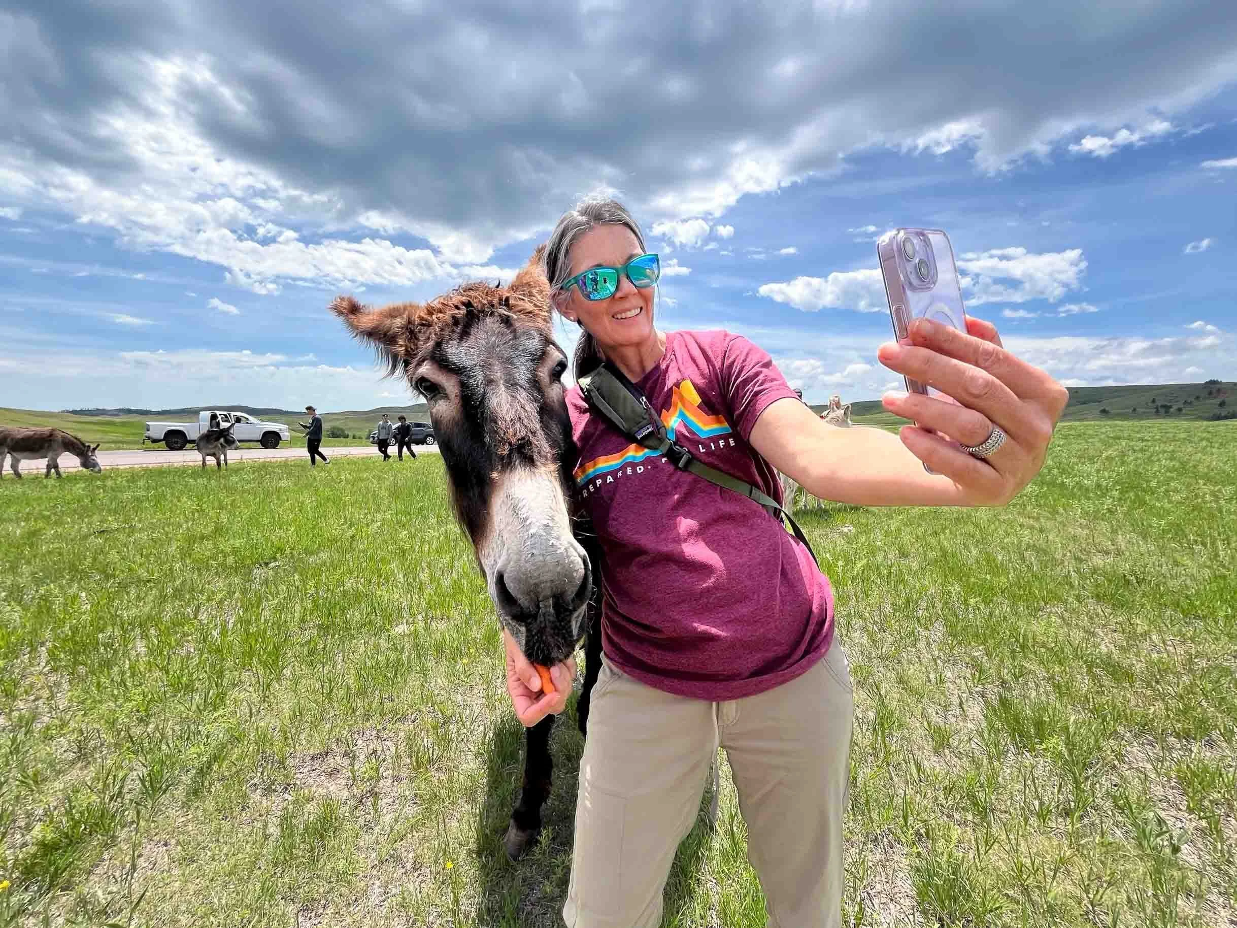A woman taking a selfie with a donkey in a green field on a partly cloudy day, with other donkeys, people, and cars in the background.