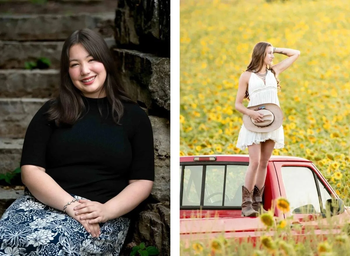 Senior girl in a white dress leaning against a vintage red truck in a West Michigan sunflower field during her senior portrait session