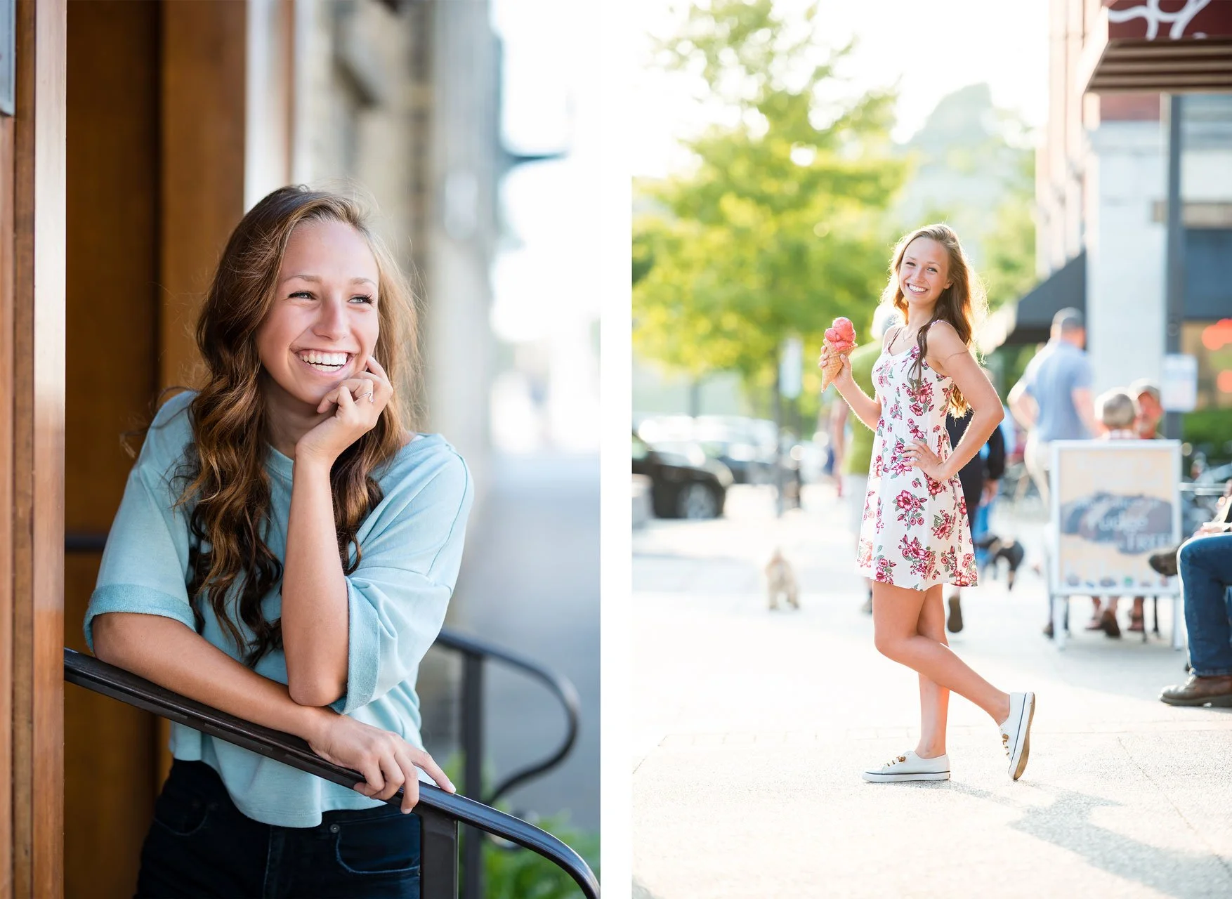 Two senior portraits in downtown Grand Haven Michigan — senior leaning on a wrought iron railing in front of a storefront, and another senior in a floral sundress holding ice cream on a busy summer sidewalk