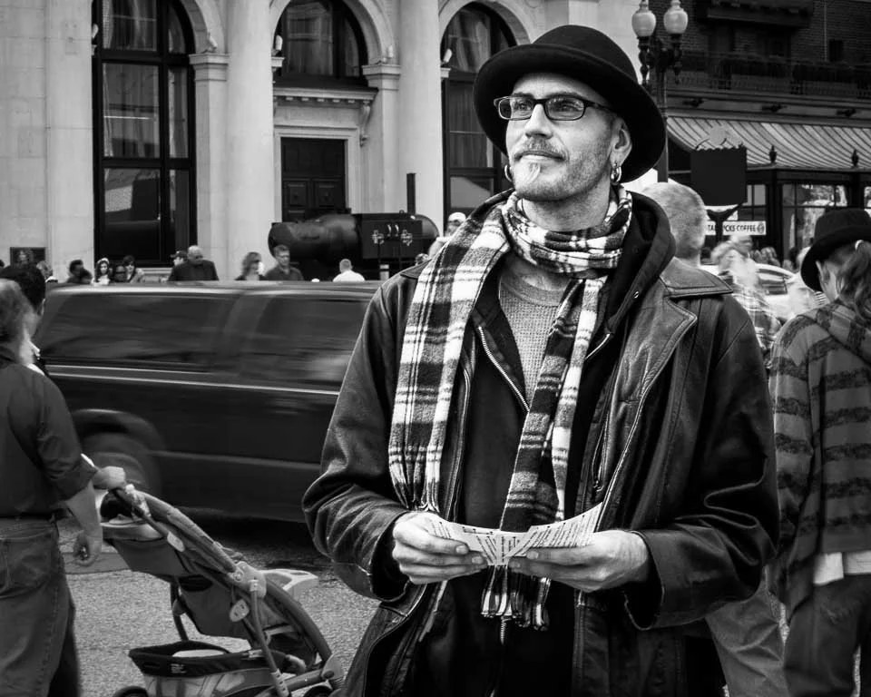 [3/100] Seth - I passed Seth while exploring Art Prize 2011 in Grand Rapids, MI. He was passing out flyers for his performance art (www.sethwalkerpoetry.com). I loved what he was wearing and asked if I could take a few shots. He readily agreed. I too