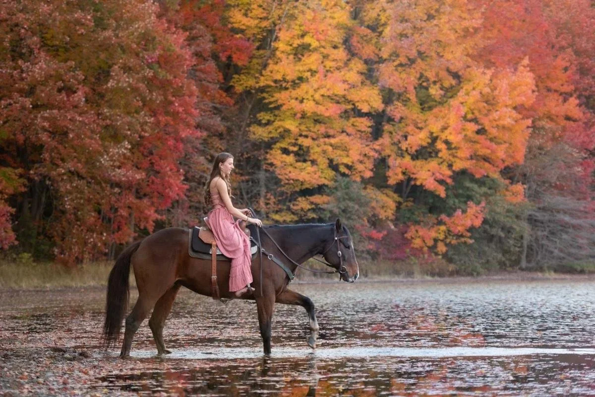 Grand Rapids senior girl on horseback in a flowing dress at a fall-colored river, equestrian-style senior portrait