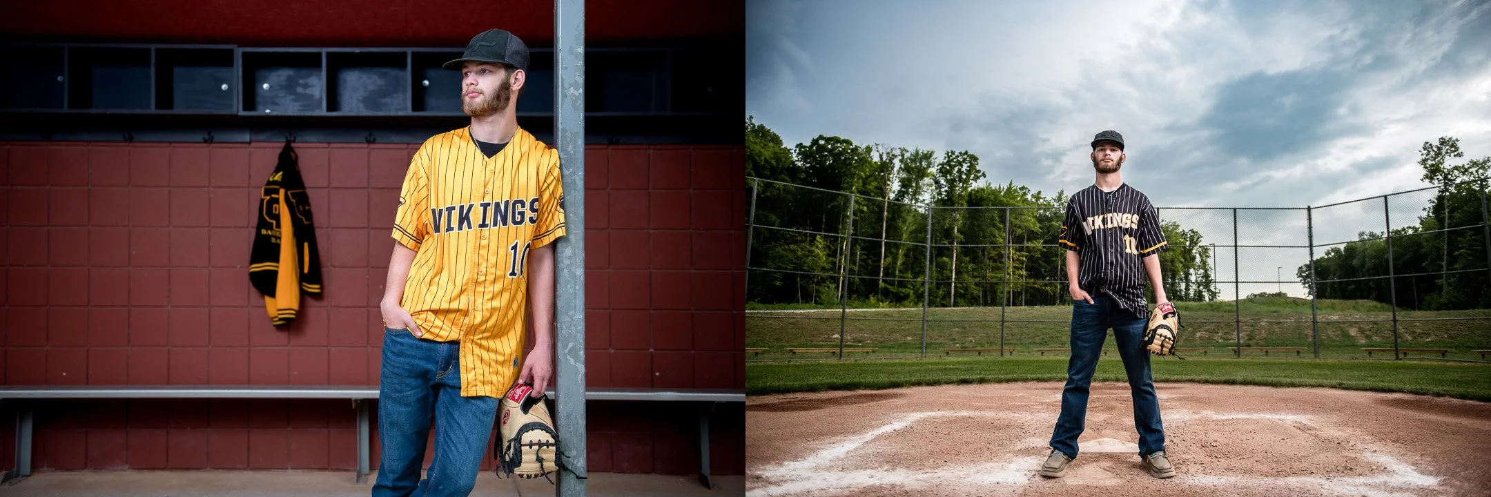 Senior baseball player standing on the pitcher's mound in a black Tri County Vikings jersey and in a dugout wearing a yellow Vikings jersey.
