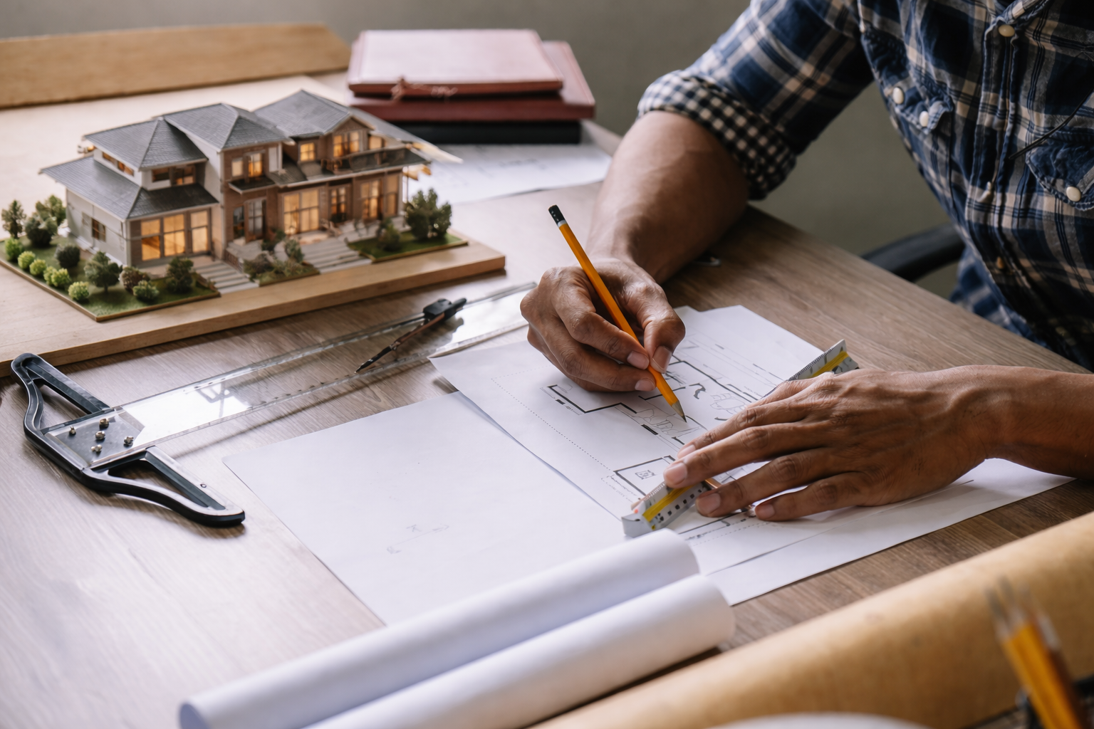 Person working on architectural plans with a model of a house and garden in the background.