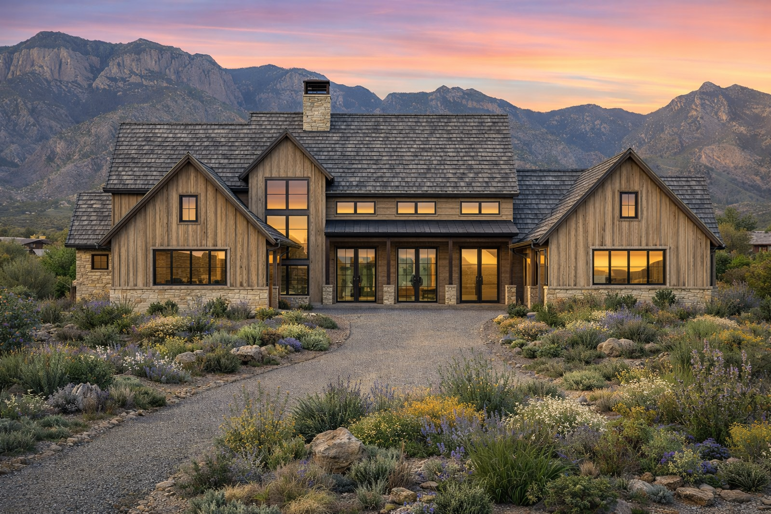 A large wooden house with multiple sections and a central porch, set in a landscape with a gravel path, surrounded by rocks and flowering plants, with mountains and a colorful sunset sky in the background.