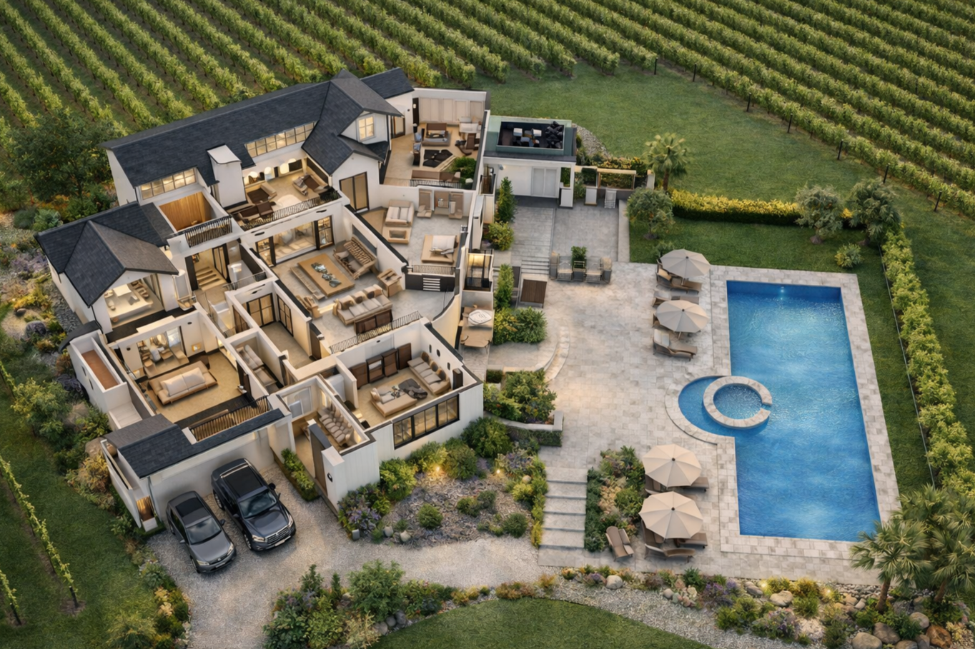 Aerial view of a luxurious house with a backyard, swimming pool, outdoor seating, and garden, surrounded by fields of crops.