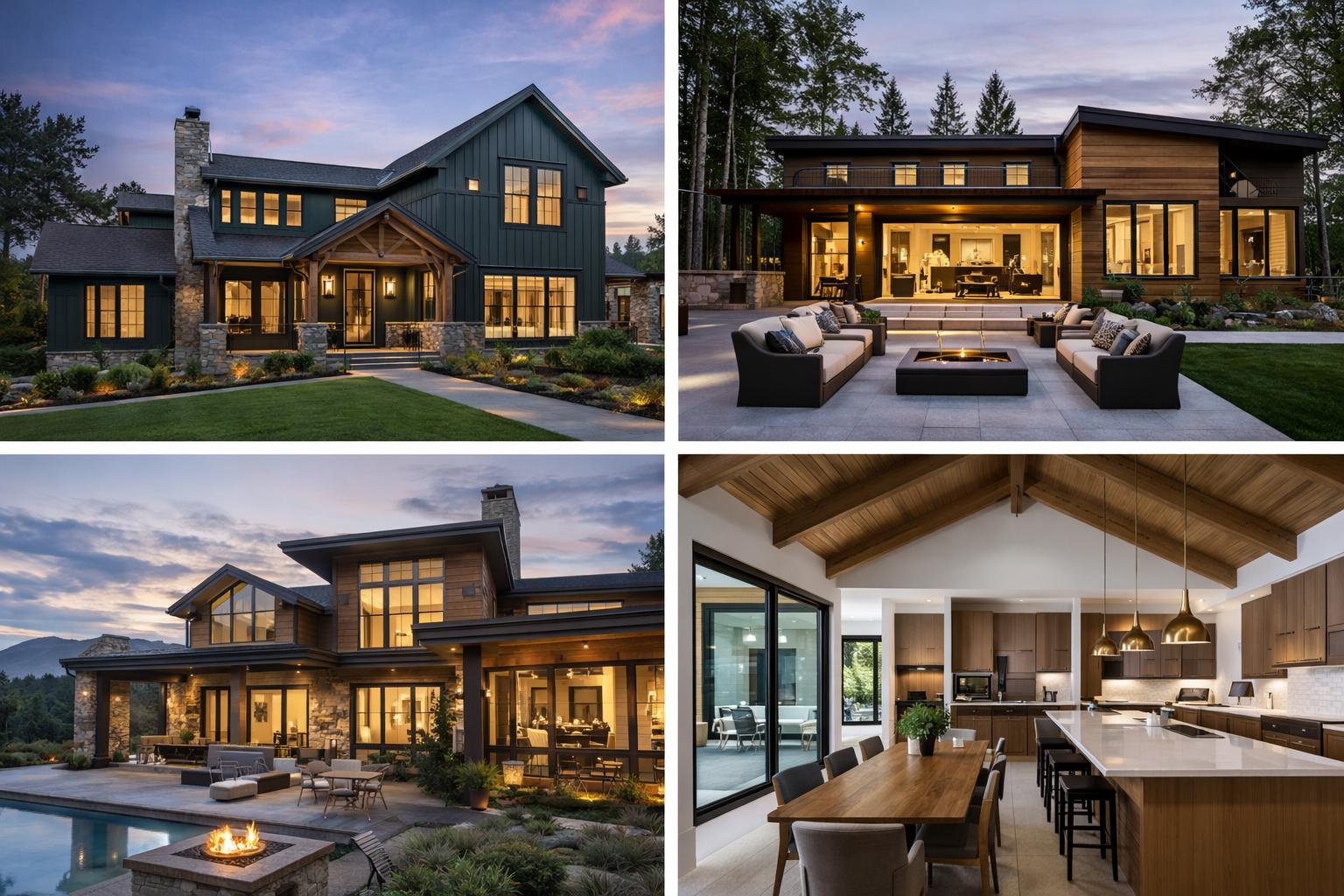 Four images of a modern house at dusk, showing exterior and interior views. Top left: a front view of a large house with stone and wood siding, lit windows, and a well-kept lawn. Top right: an outdoor patio with seating, a fire pit, and house lighting behind large glass doors. Bottom left: a side view of the house with a swimming pool, outdoor seating, and a fire feature. Bottom right: a bright interior kitchen with wooden cabinets, a large dining table, and a vaulted wooden ceiling.
