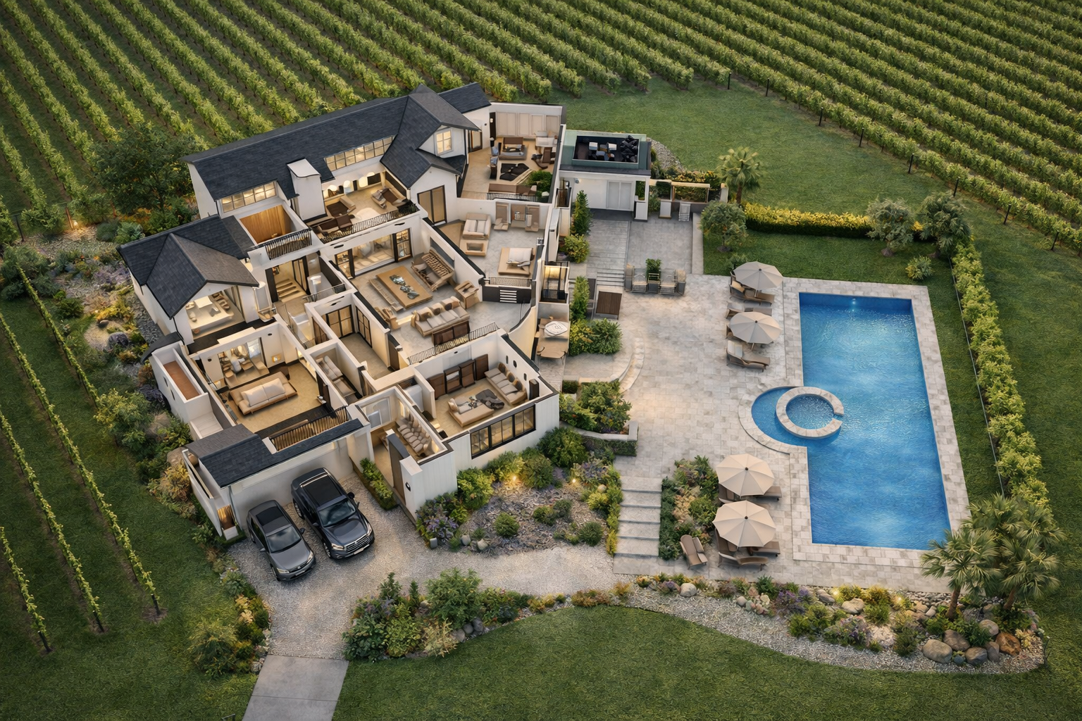 A luxurious modern house with a backyard featuring a swimming pool, outdoor seating with umbrellas, situated in a rural area surrounded by vineyards and landscaped gardens.