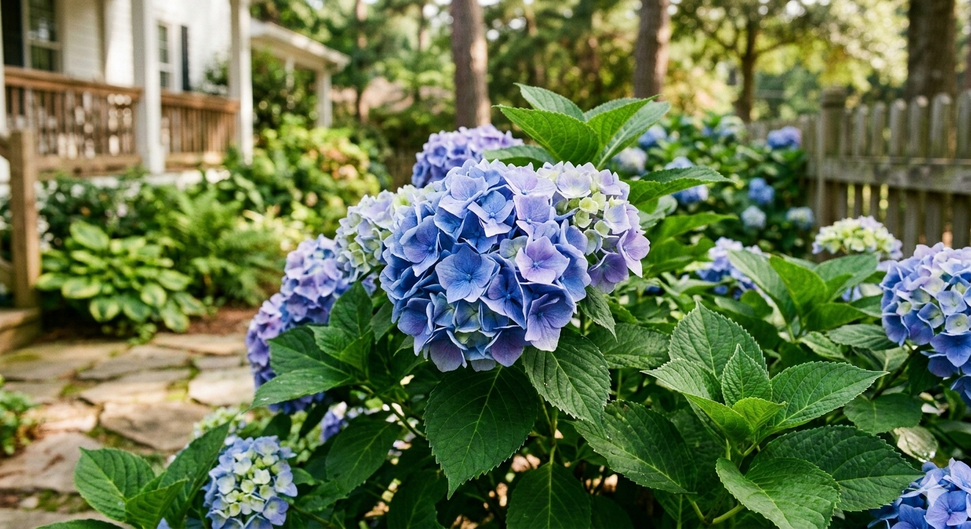 Close-up of blooming hydrangeas in a professionally maintained landscape bed in Athens, GA