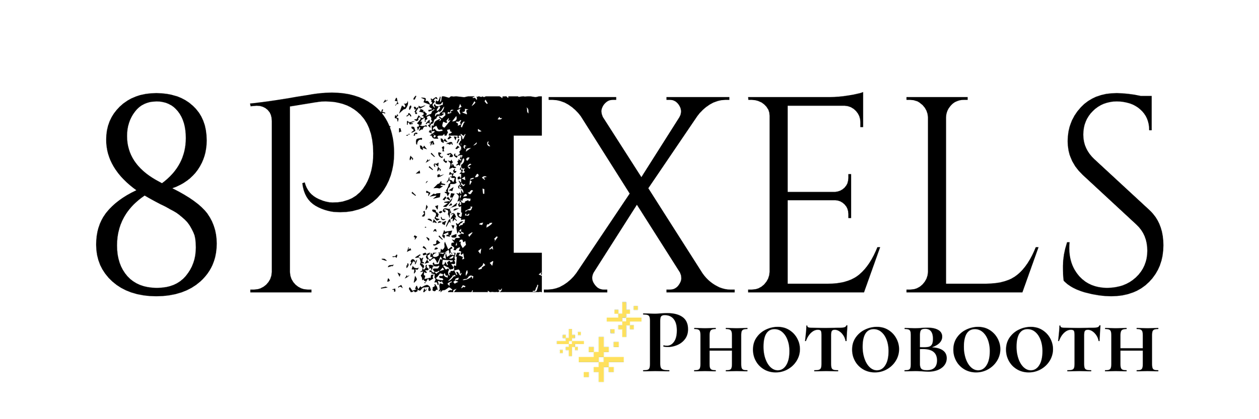 8 Pixels Photo Booth logo featuring a minimalist pixel-inspired gold mark on a black background, representing a luxury photo and video booth experience.