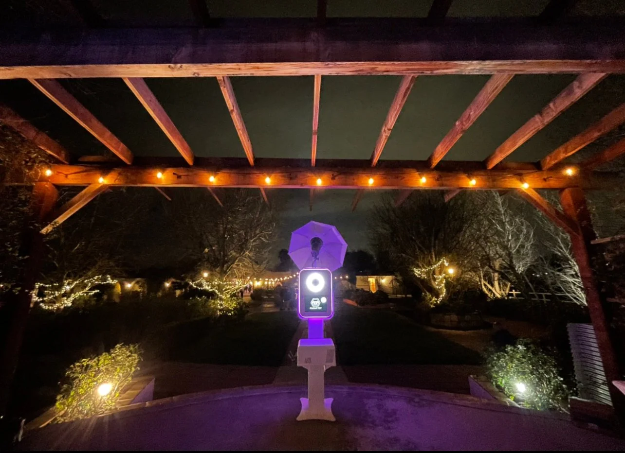 Night scene showing a wooden porch with string lights, a camera with a purple glowing border and a purple umbrella above it, trees wrapped in fairy lights, and a pathway in a park-like area.