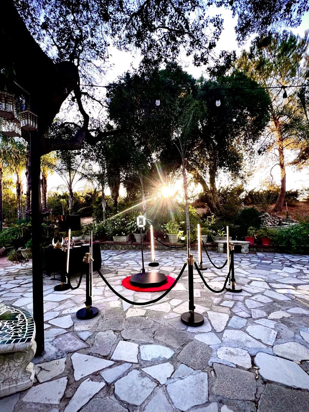 Outdoor patio area at sunset with trees, potted plants, string lights, and a small elevated platform with a red carpet surrounded by black stanchions.
