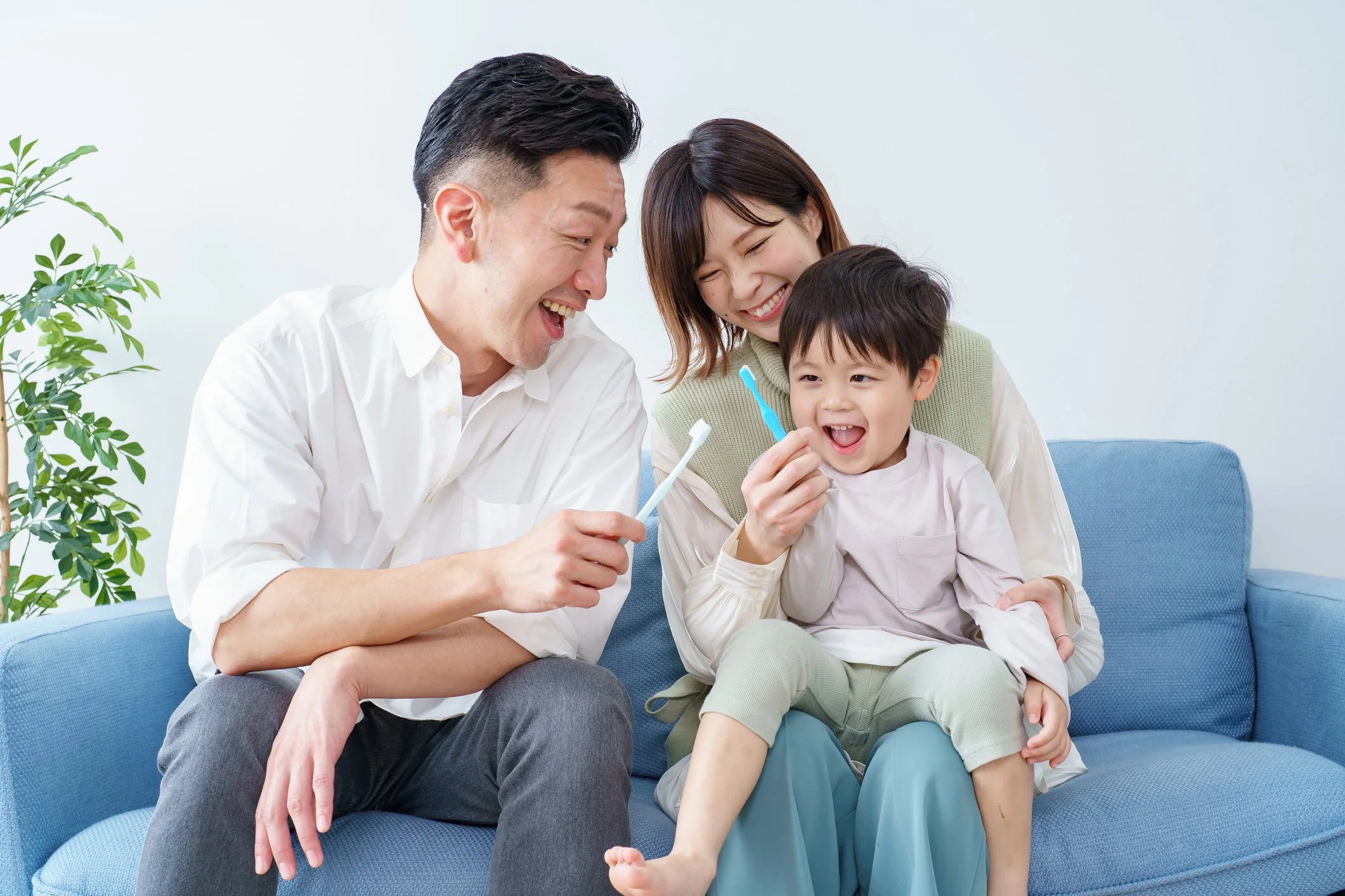 A happy family of three, including a man, woman, and young boy, sitting on a blue couch. The man and woman are smiling and holding toothbrushes, while the boy, sitting on the woman's lap, is smiling and holding a toothbrush. There is a green potted plant on the left side and a white wall in the background.