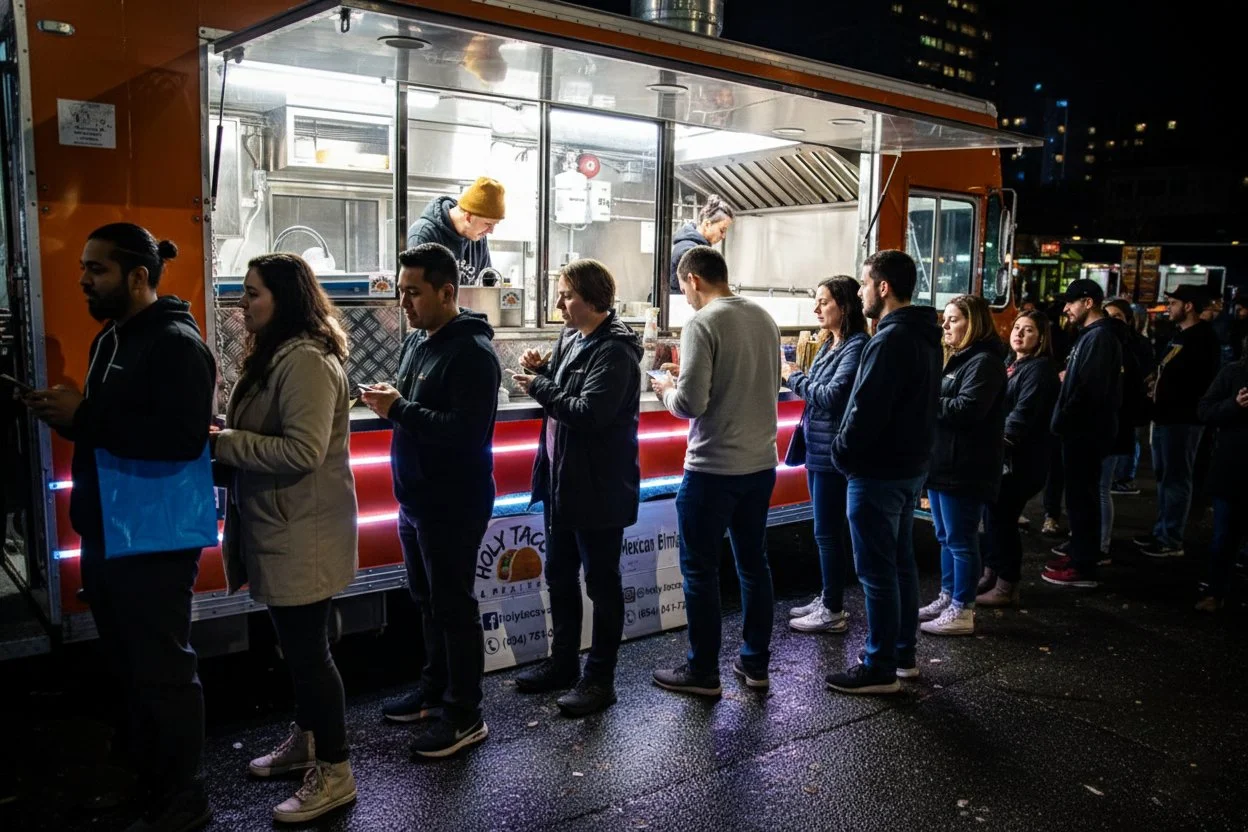People standing in line at a food truck at night, ordering food, with a window showing two workers preparing food inside.