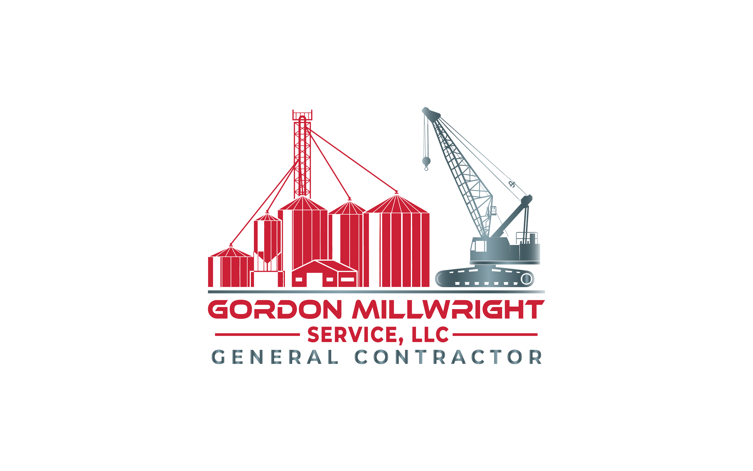 Logo for Gordon Millwright Service, LLC, featuring a gray crane and red grain silos with text in red and black that reads, 'Gordon Millwright Service, LLC, General Contractor.'