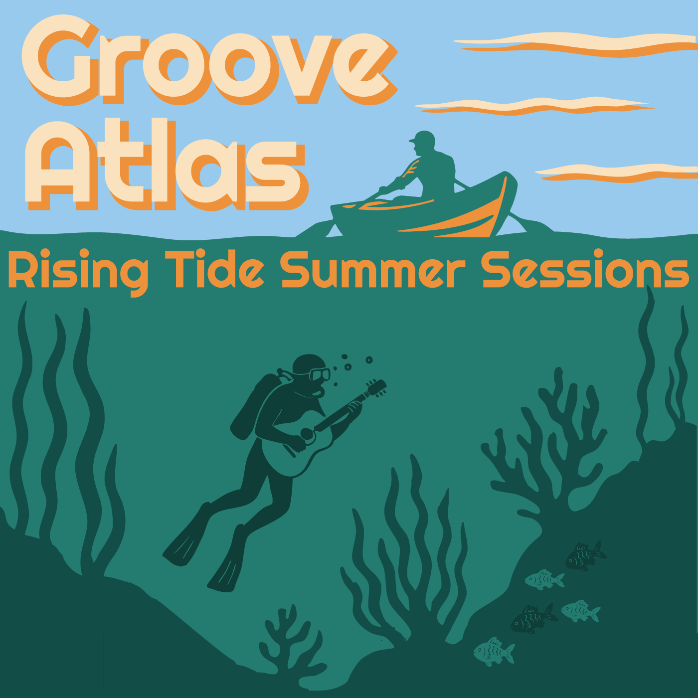A graphic with the text 'Groove Atlas' and 'Rising Tide Summer Sessions', showing a person in a boat on the water and an underwater diver playing guitar among coral and fish.