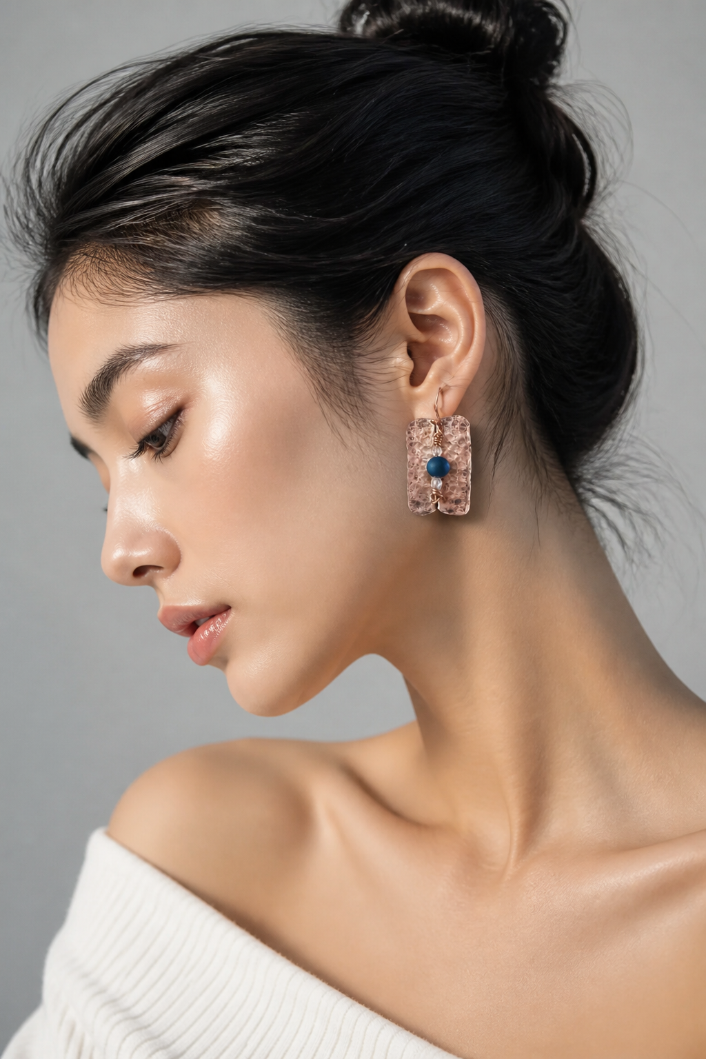 Stunning  Hammered Metal Earrings with Blue Accent Beads