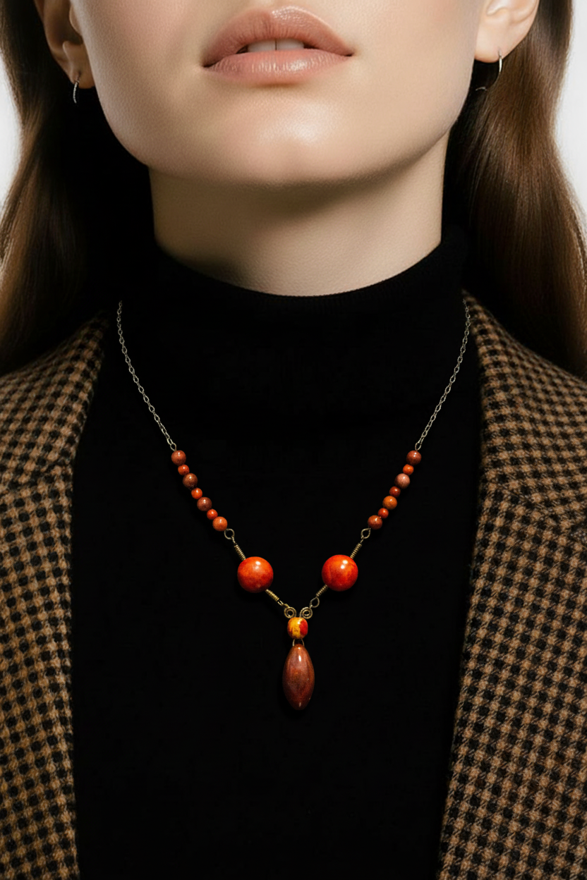 Red sones and wooden bead pendant necklace